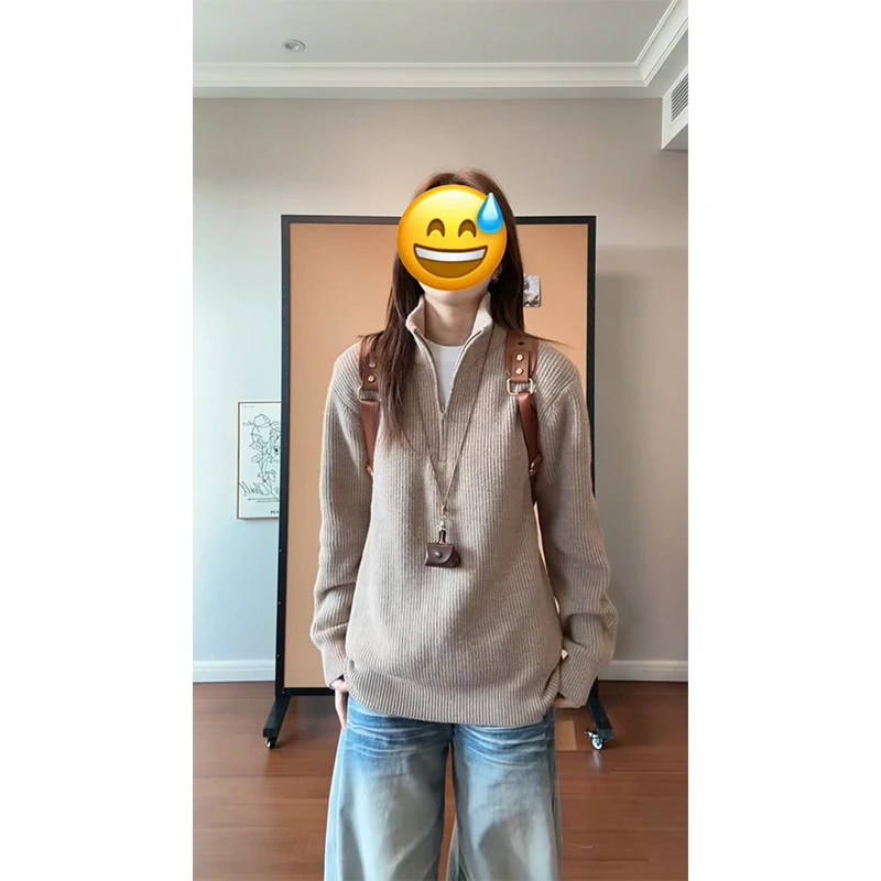 燕麦色日系秋冬男女休闲半拉链针织衫长袖半高领套头慵懒毛衣