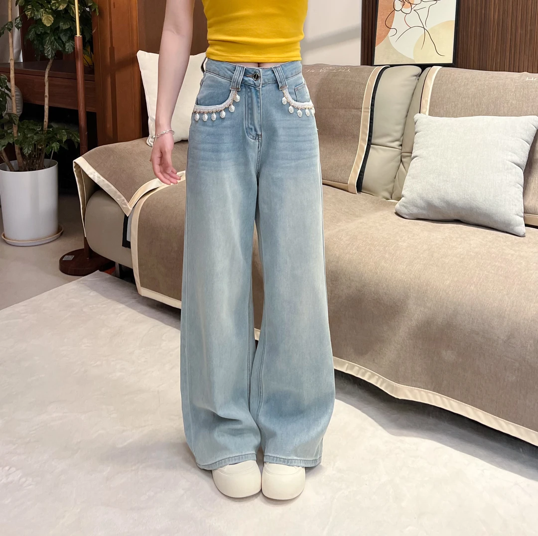 【凌子高定】2025春新款浅蓝弹力高腰直筒贝壳设计牛仔裤