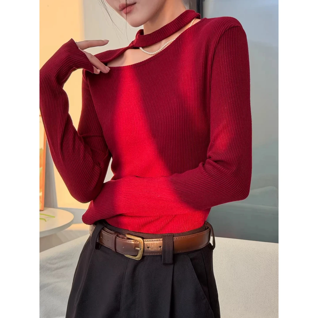 红色挂脖打底衫女2025新款冬高级感长袖t恤外穿修身针织内搭上衣