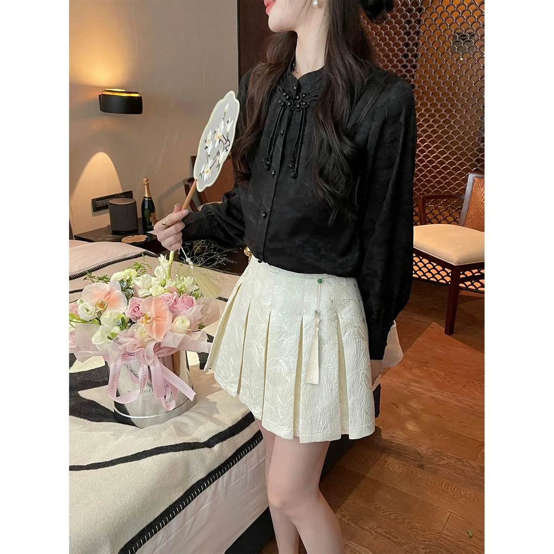 大码提花复古仿醋酸百搭小众气质新中式衬衫