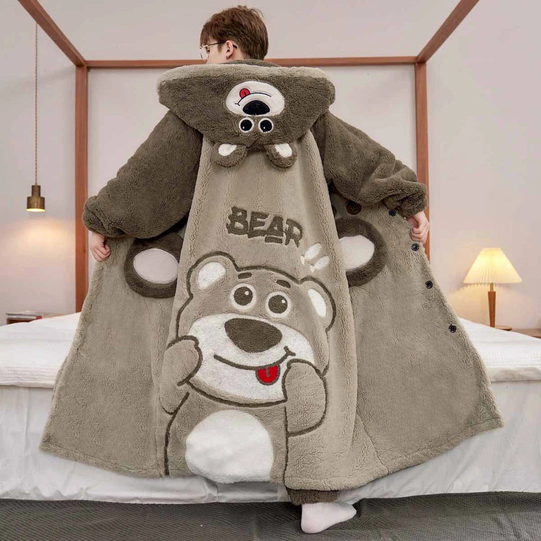 冬季男长款睡袍卡通保暖宽松加绒加大码加厚连帽青年可外穿家居服
