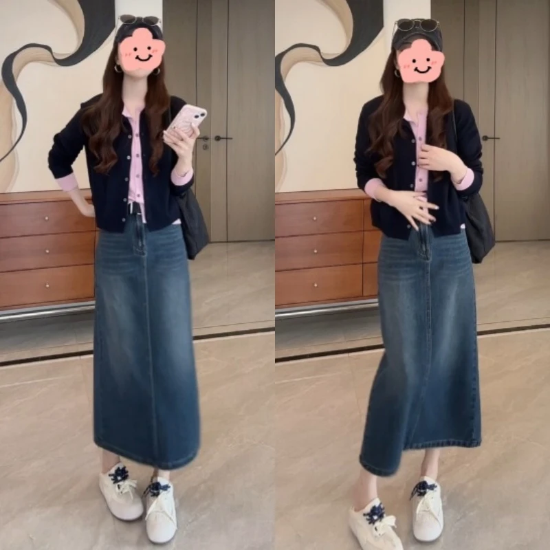 慵懒风宽松撞色假两件针织衫+百搭显瘦后开叉牛仔半身裙LK2506025