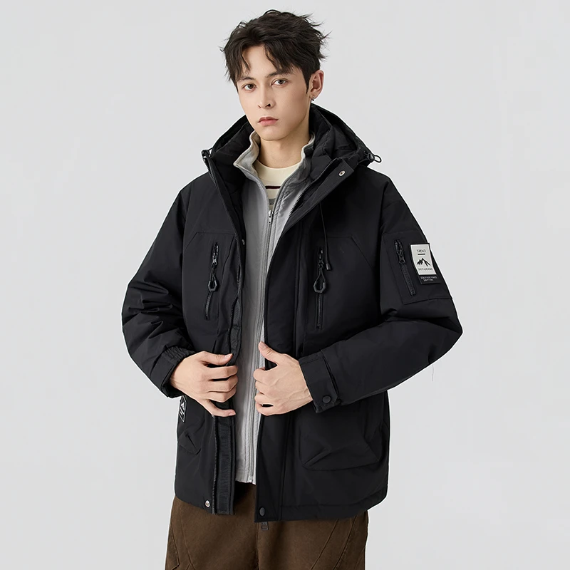 2025冬季新款男士加厚连帽工装鸭绒外套男户外机能风保暖羽绒服