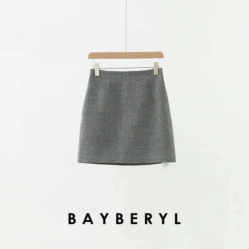 CC12-BAYBERYL老贝意大利亮片灰高腰气质显瘦冬短半身裙YQ5J1503