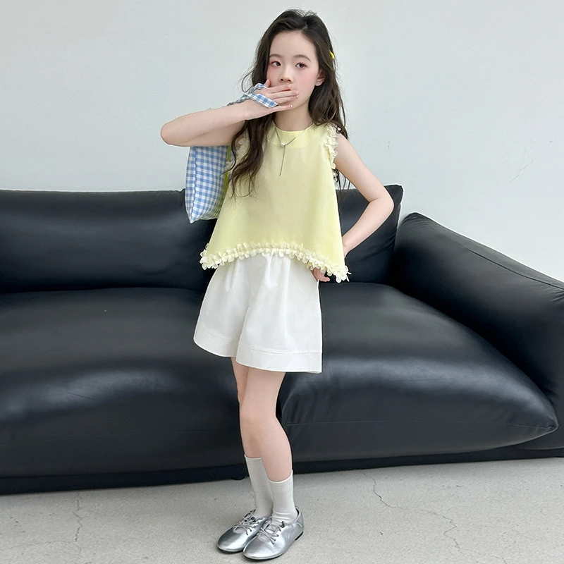 女童夏装无袖套装2025新款洋气女大童夏季棉布上衣儿童短裤两件套