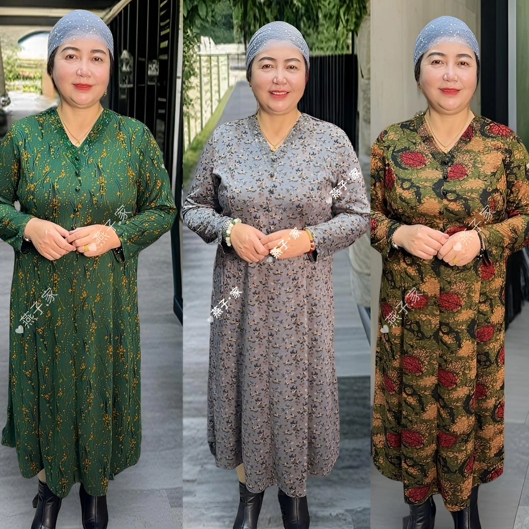 【新疆包邮】中老年早秋中式复古紫色棉布收腰显瘦妈妈连衣裙
