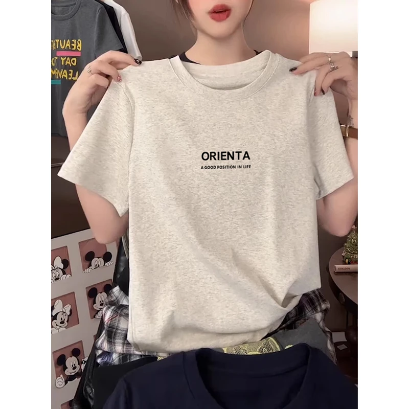 短袖T恤女2025新款夏季爆款ins韩系时尚减龄百搭灰色正肩上衣洋气