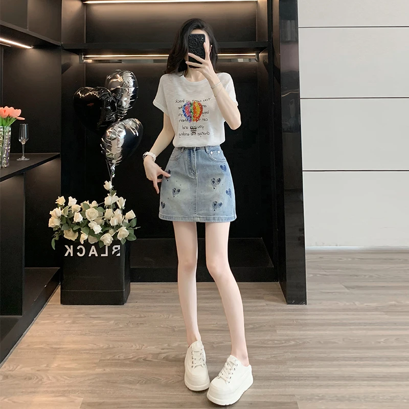 小众炸街高级感女装夏装套装2025新款爆款短袖T恤牛仔高腰短裙潮