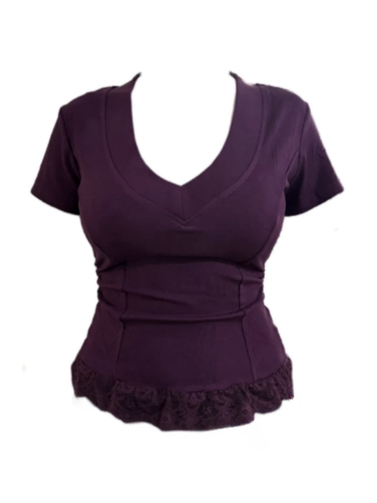 微胖mm纯欲辣妹v领正肩短袖T恤女2025夏新款蕾丝拼接显瘦性感上衣