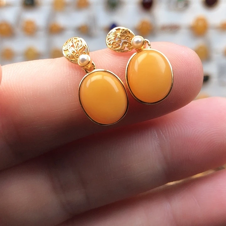 蜜蜡银S925镀金镶嵌耳坠