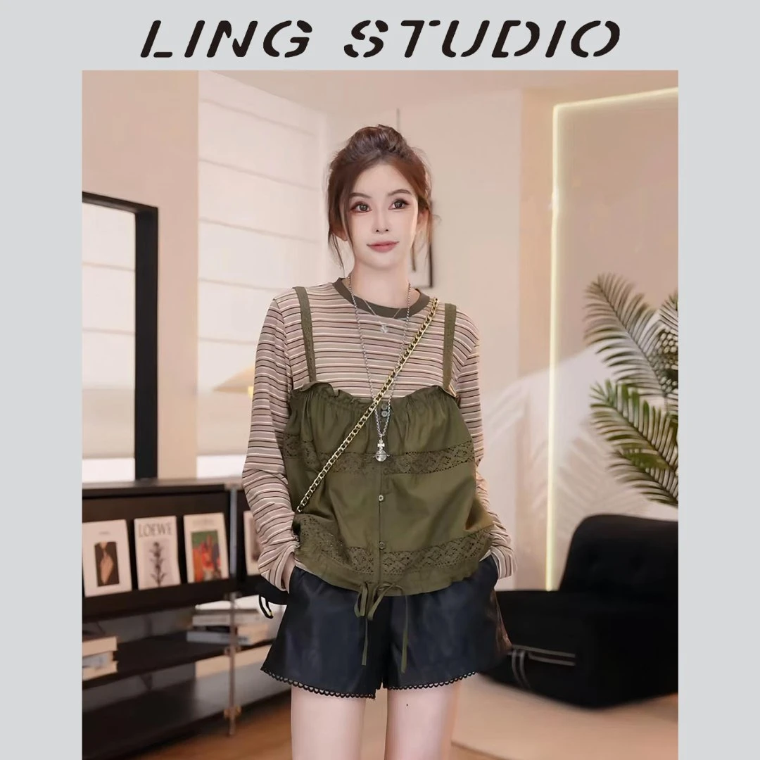 LING/STUDIO『Y2K甜辣少女』早秋时尚休闲条纹T恤+吊带套装5082202