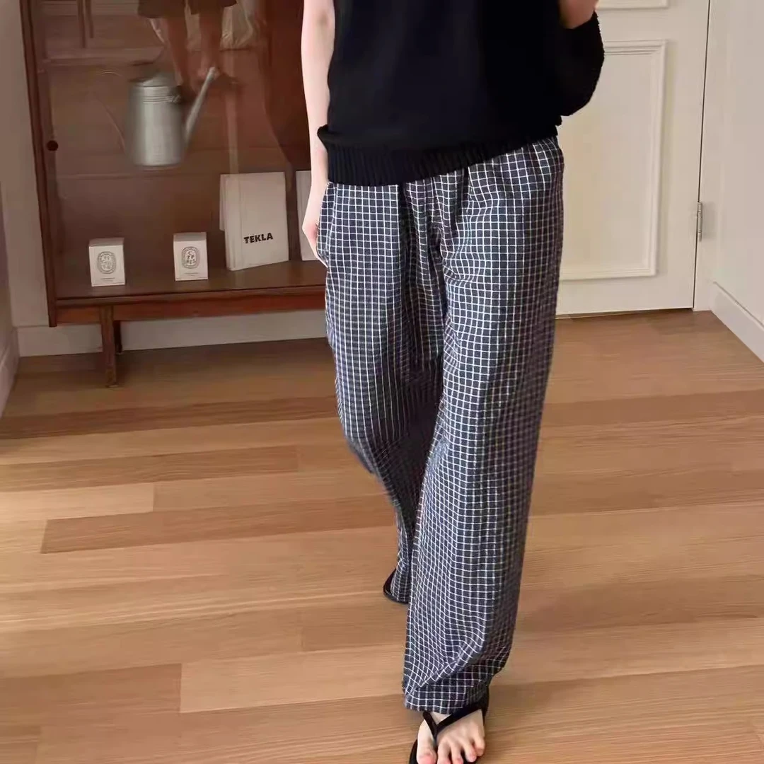 泡菜 one taste 夏季新款百搭松紧腰显瘦格子休闲裤