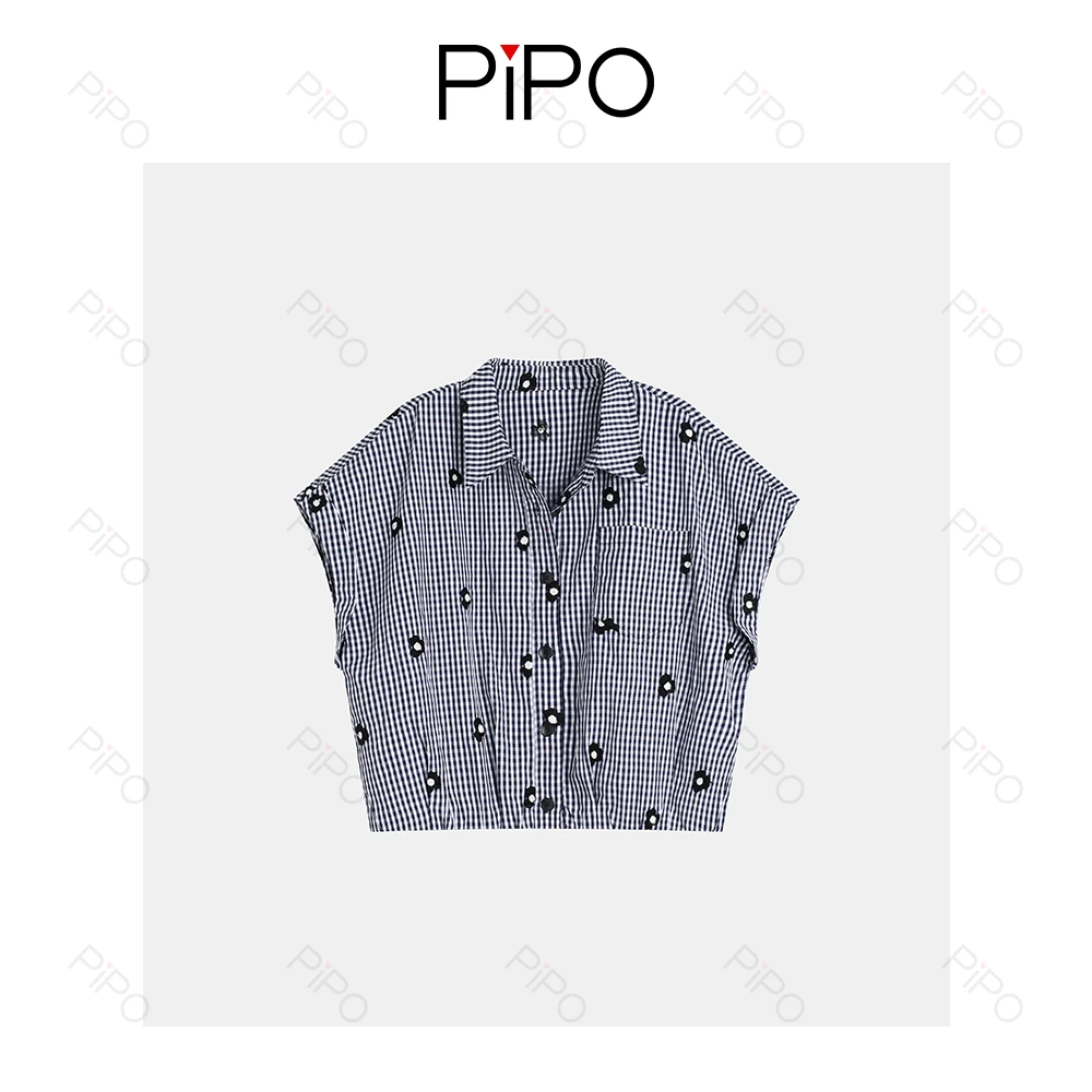 PIPO法式飞袖格纹刺绣设计感通勤风休闲短袖衬衫DD52XS635