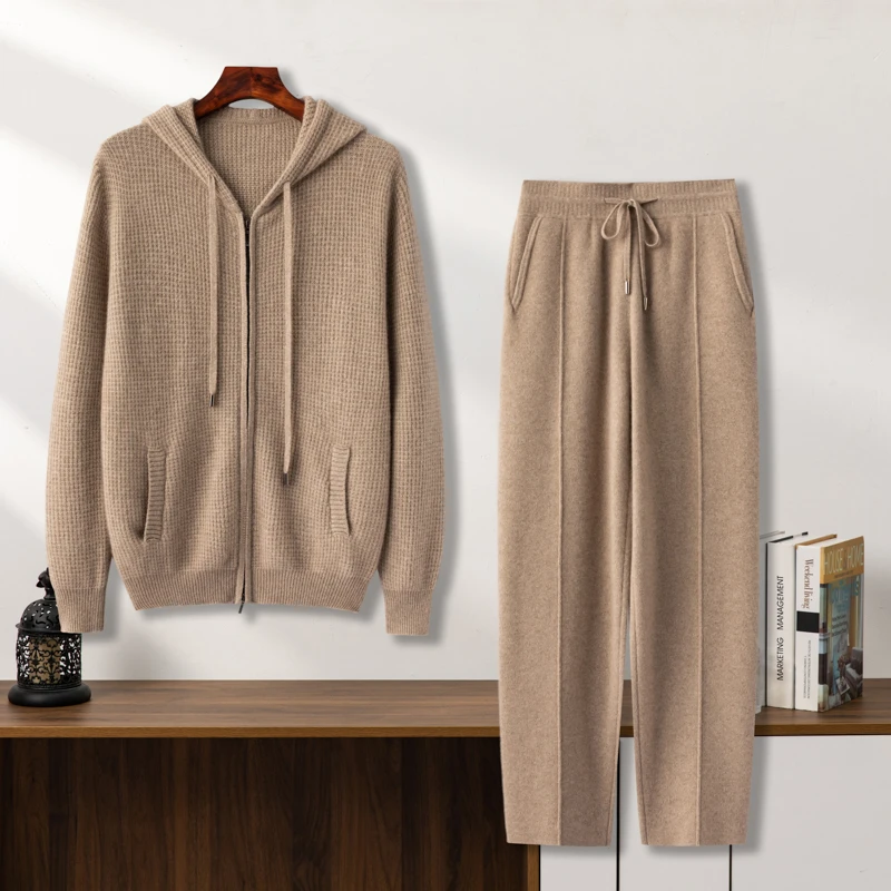 【不议价】男士1290克纯山羊绒两件套连帽开衫冬季新款裤休闲套装