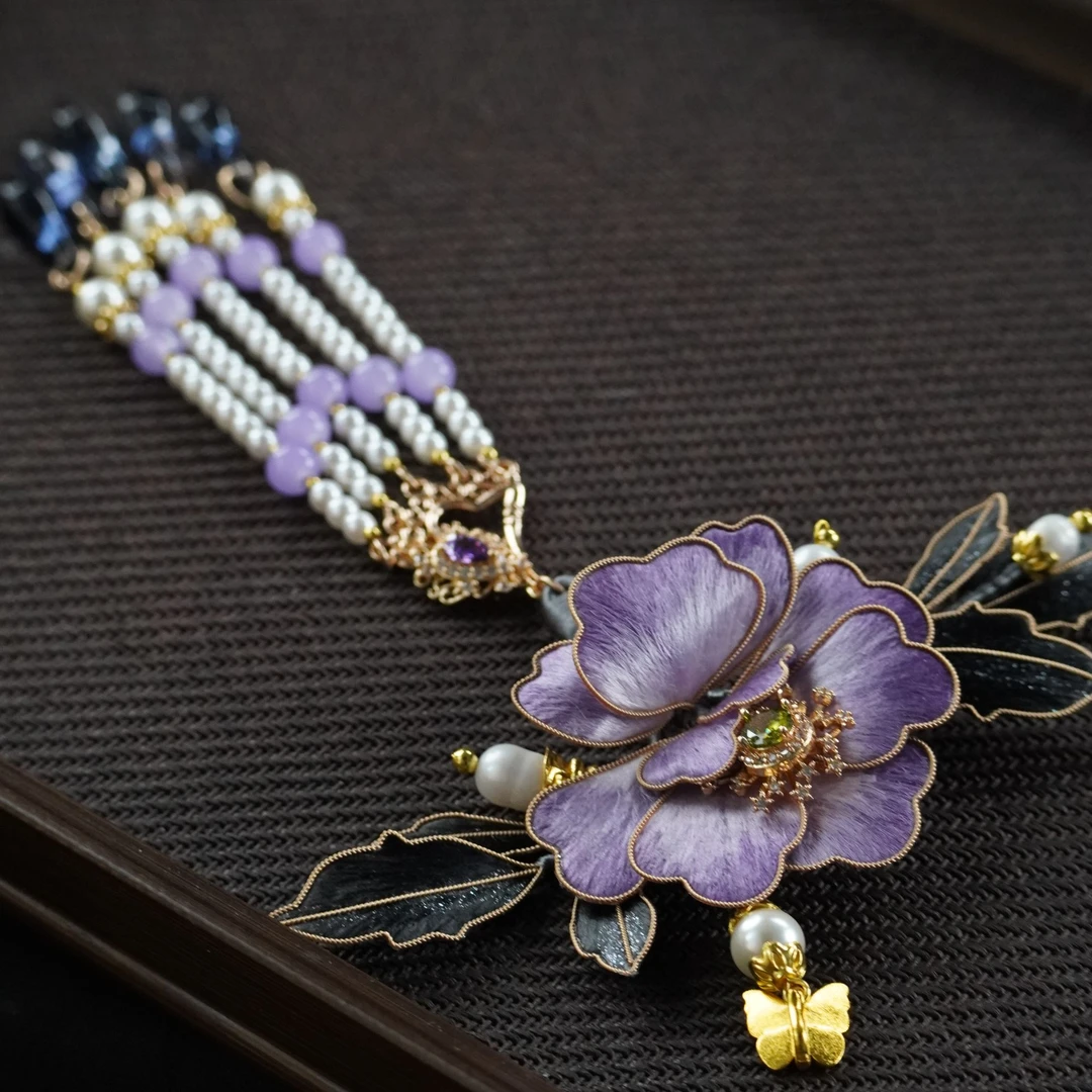 大气雍紫牡丹压襟 非遗绒花 国风日常旗袍配饰