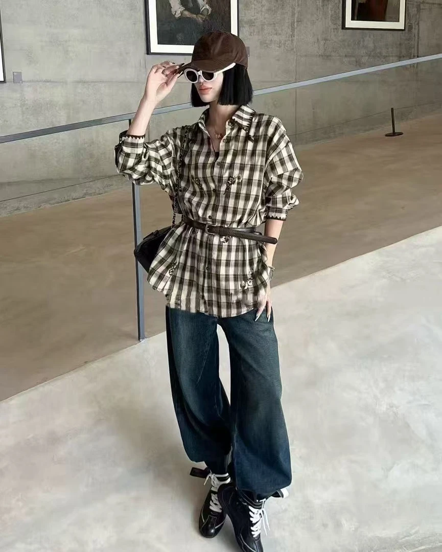 【25955】女#时尚百搭格子翻领衬衫上衣