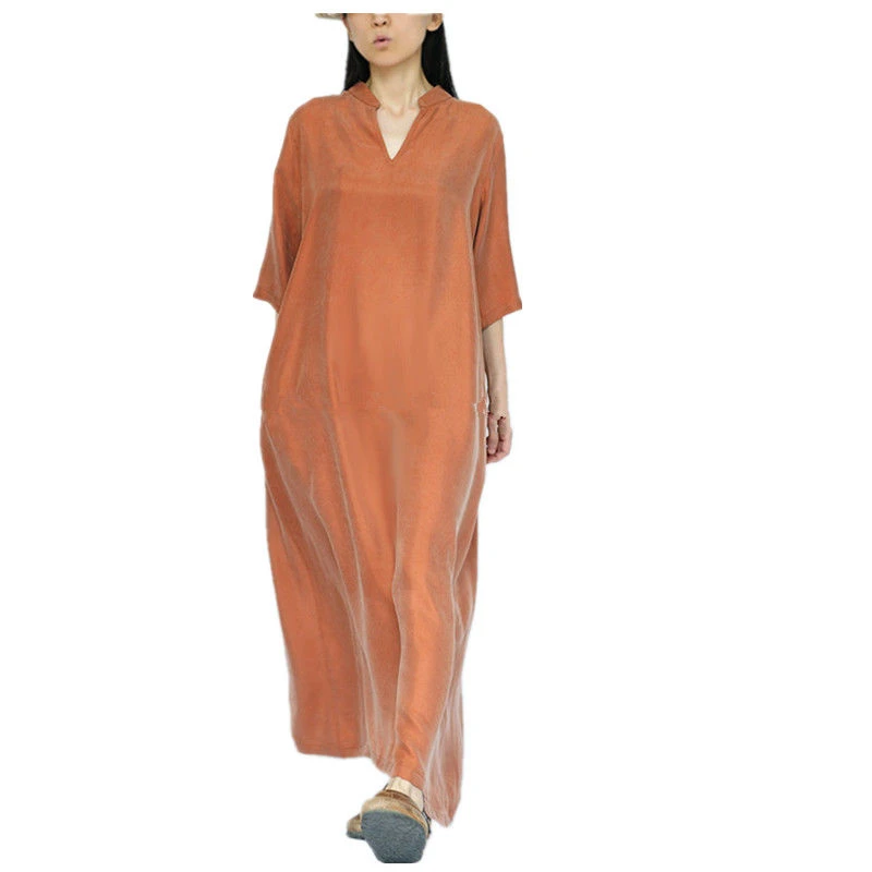 2025夏新款大码袍子V领气质修身长裙宽松重磅真铜氨丝连衣裙女装