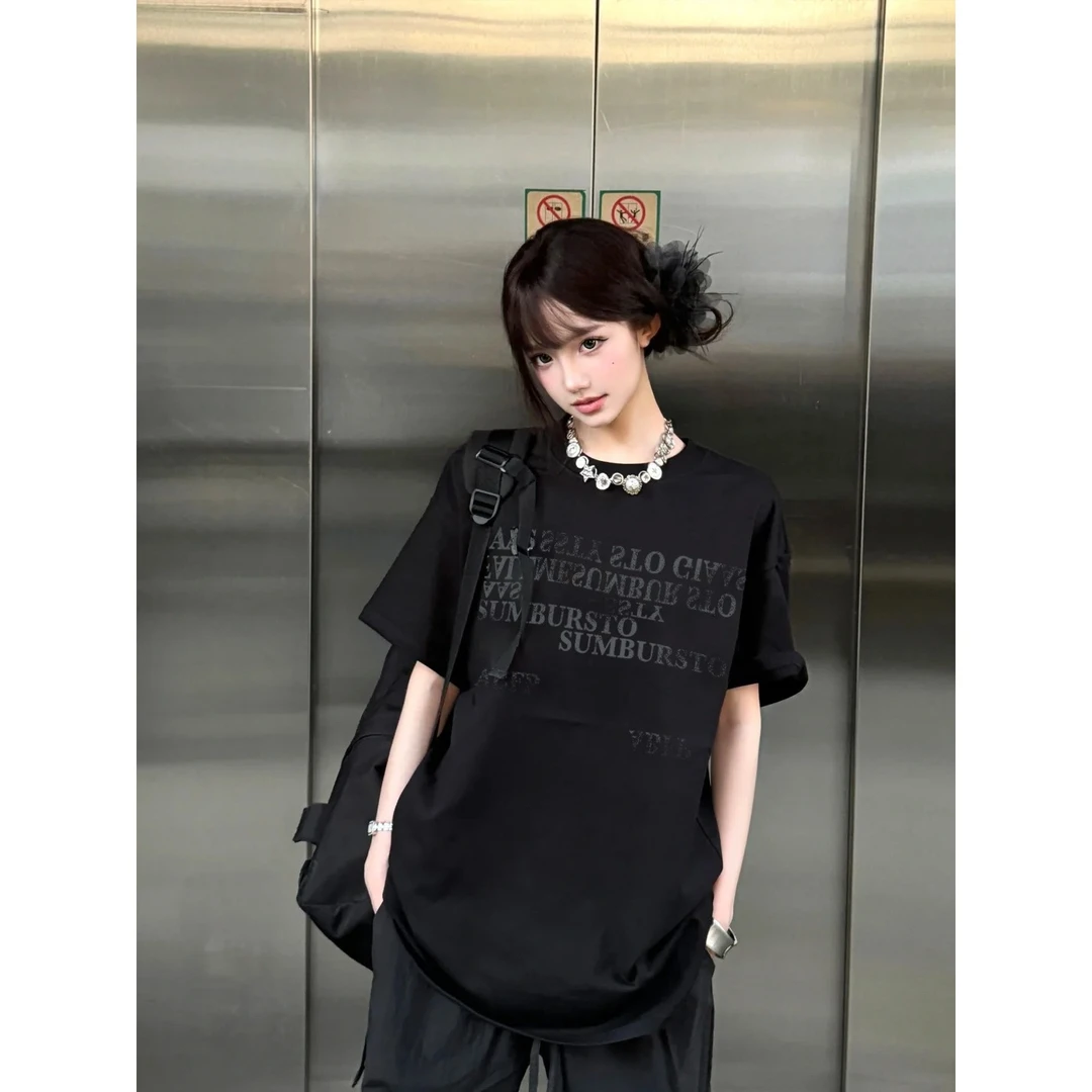 简约女短袖t恤美式复古夏季新款穿搭宽松休闲百搭小众设计感上衣