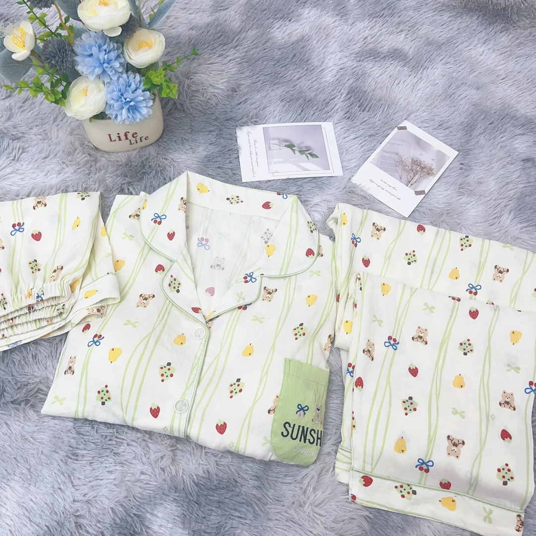 【R671】夏款水果小熊短袖短裤+长裤三件套+胸垫【开衫款】睡衣