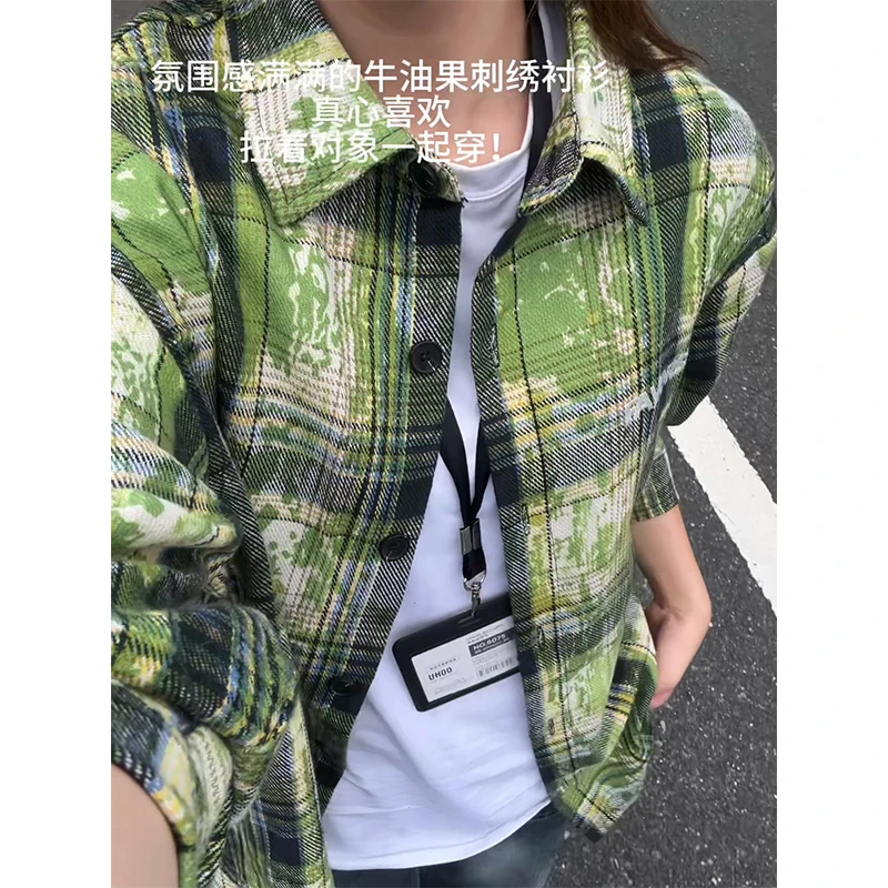 vintage绿色扎染格子衬衫男女美式复古长袖衬衣休闲宽松情侣外套