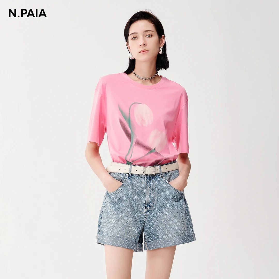 恩派雅2024新款时尚百搭图案印花粉色圆领T恤上衣女XNJEC5322A