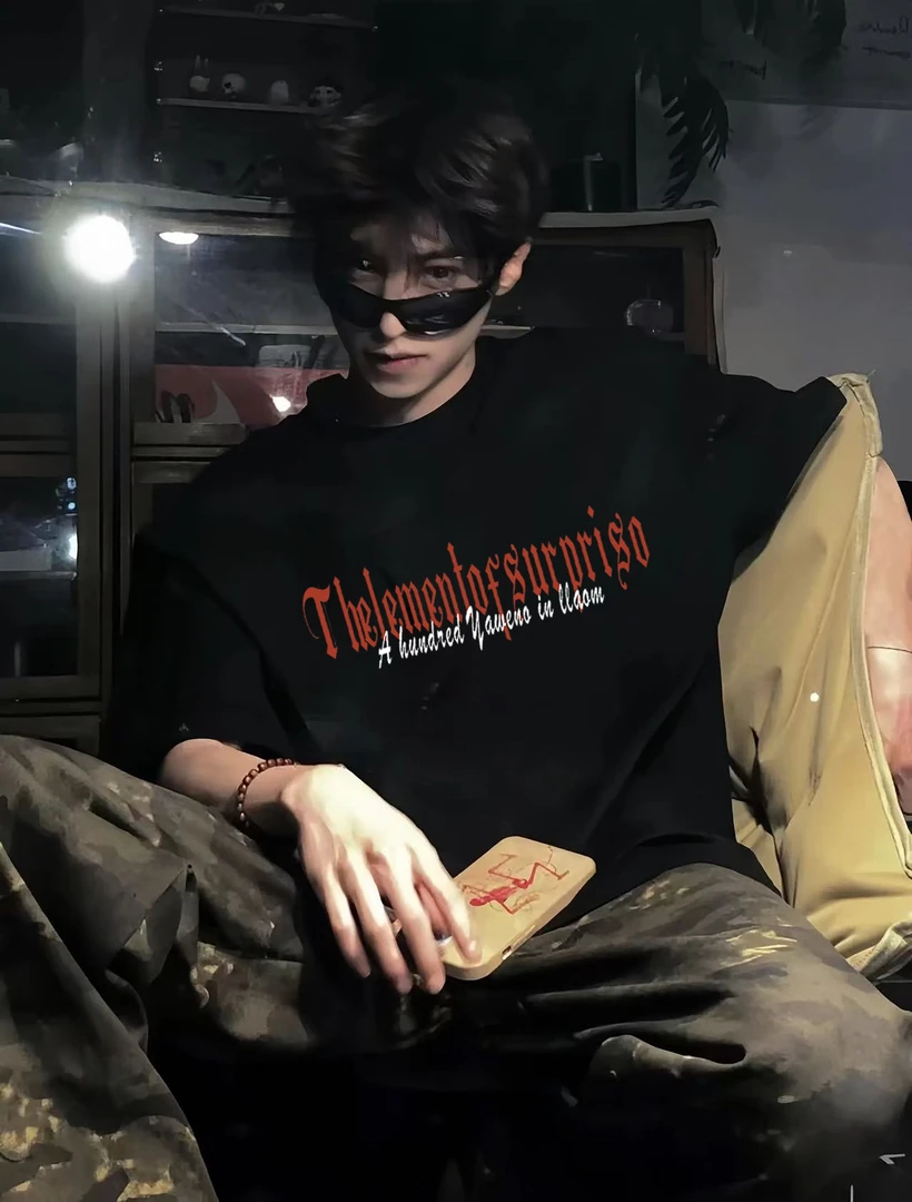 潮牌美式复古字母T恤重磅纯棉短袖圆领半袖男休闲宽松上衣