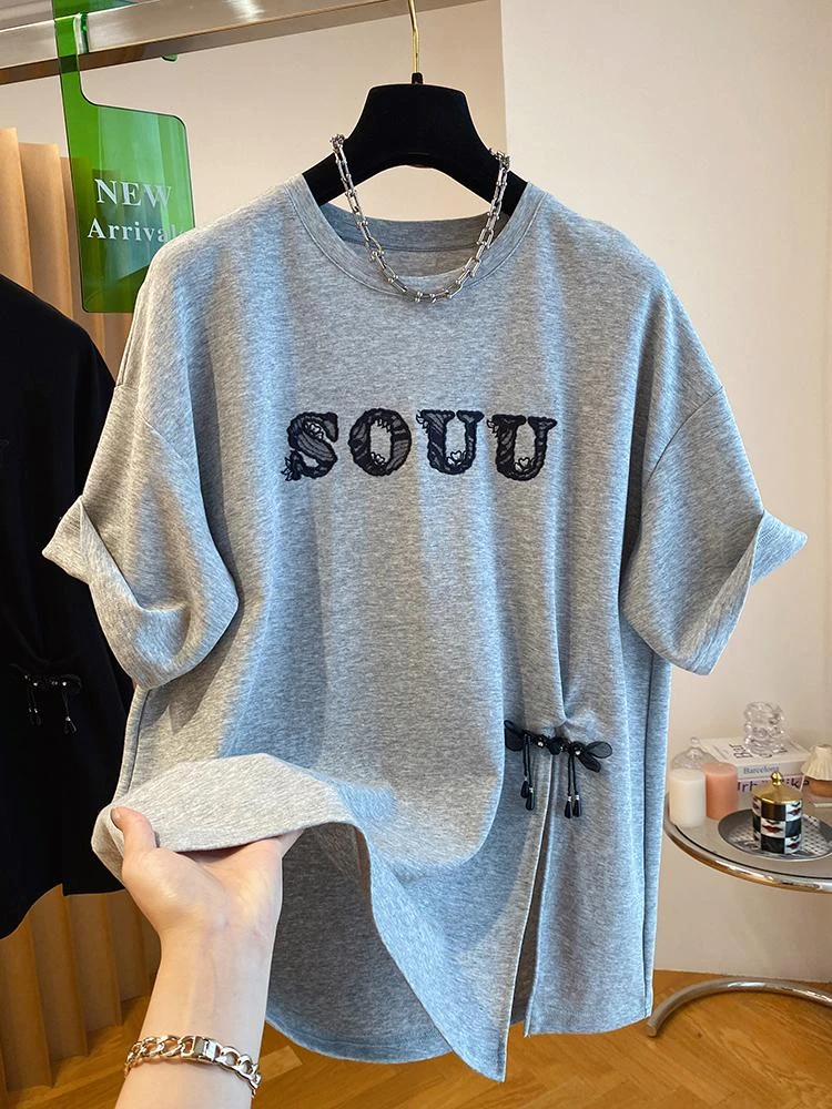 夏季新款蕾丝拼接开叉短袖圆领t恤宽松休闲显瘦洋气舒适女士上衣