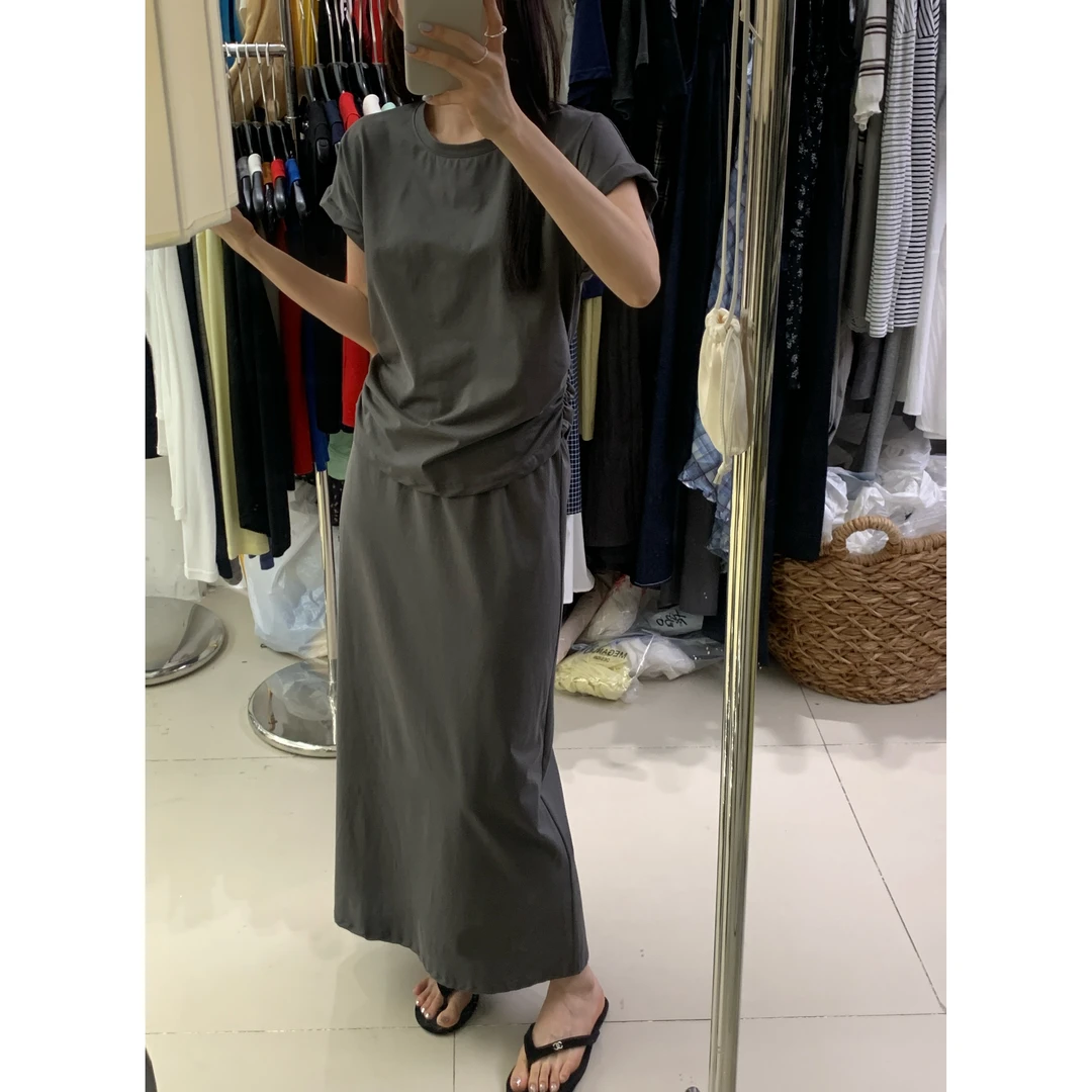 25219#KAPOK#(两件套)腰间褶皱显瘦上衣+百搭松紧半身裙(福利)
