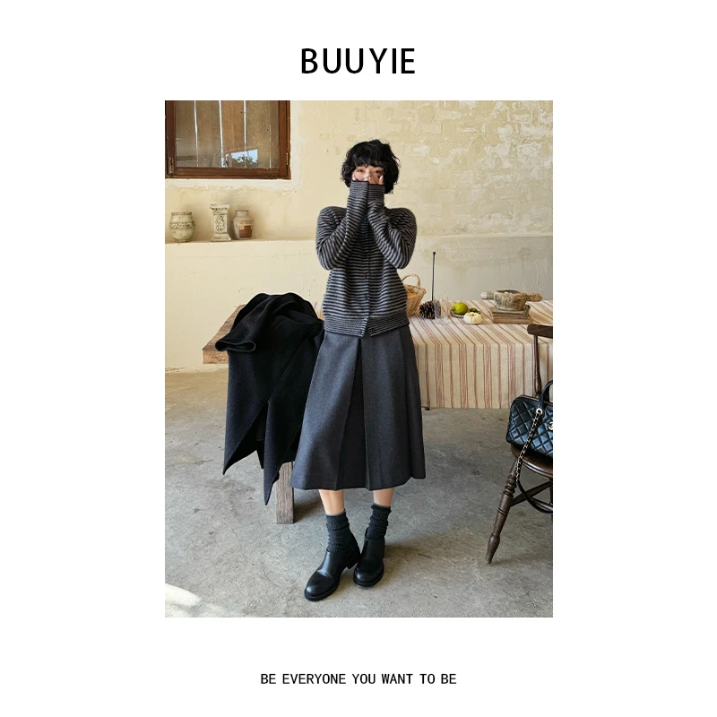 BUUYIE【哲廓】天丝羊毛设计师款半身裙小众高级秋冬季新款251283