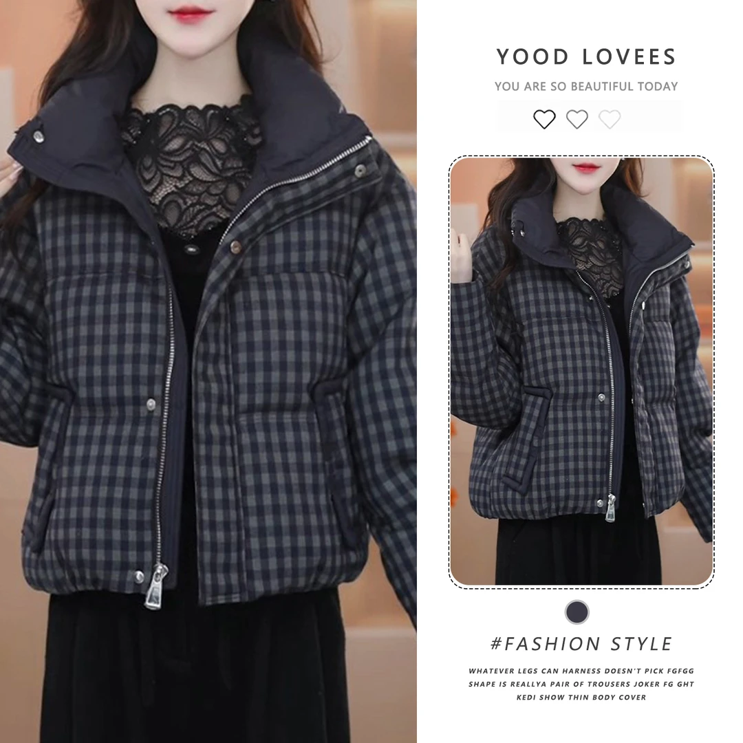时尚格子棉服女秋冬季新款爆款小个子加厚保暖面包服立领棉袄外套