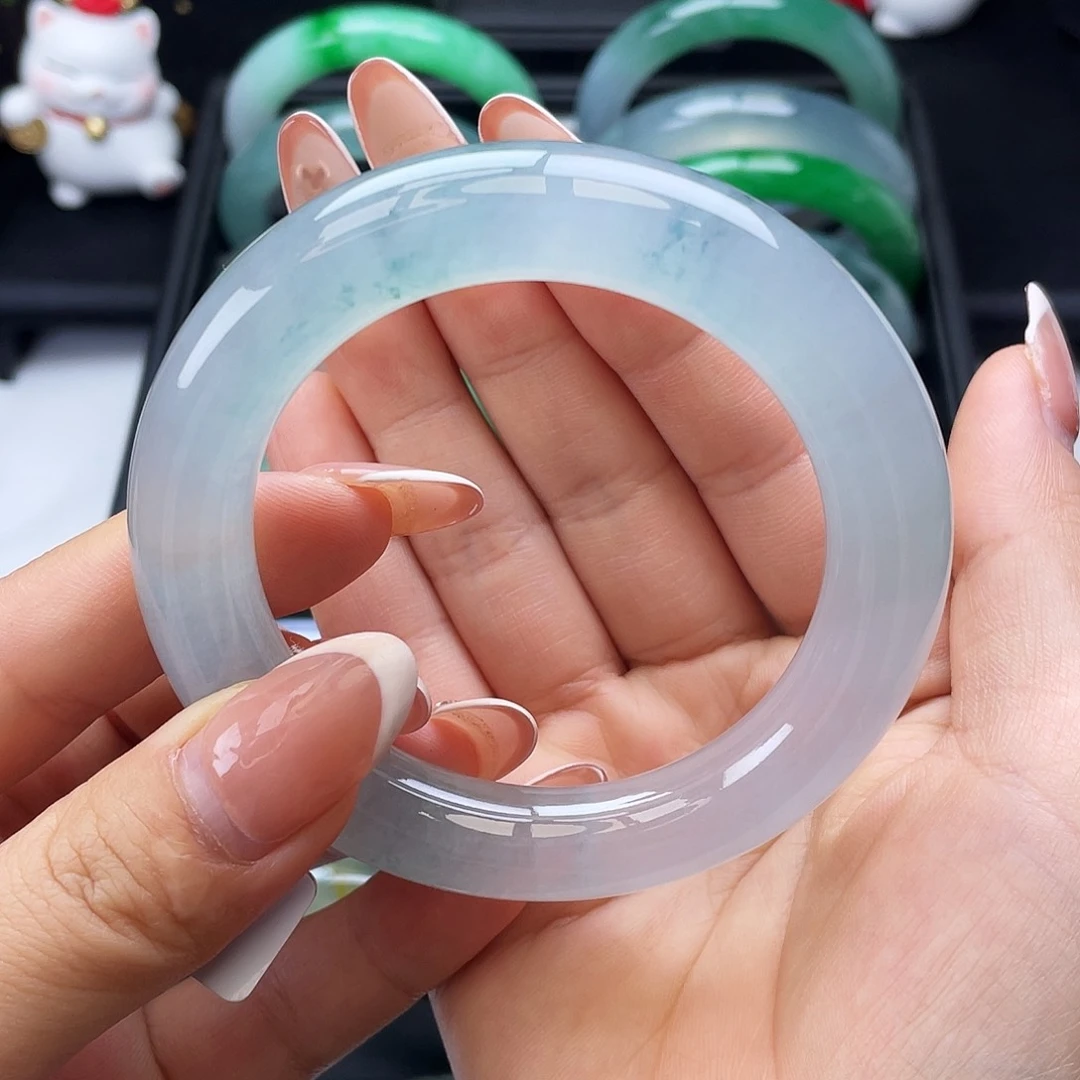 翡翠手镯未镶嵌57冰胶蓝底飘蓝花圆条、截图询价