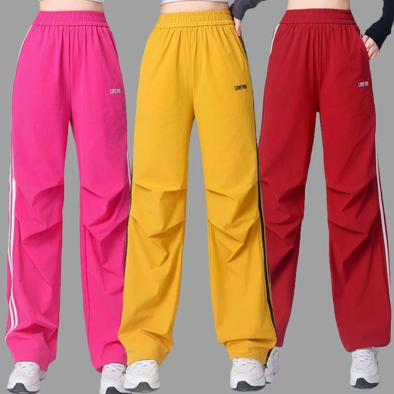 春夏新款运动裤子女速干刺绣松紧腰直筒阔腿裤跑步健身跳操舞蹈裤