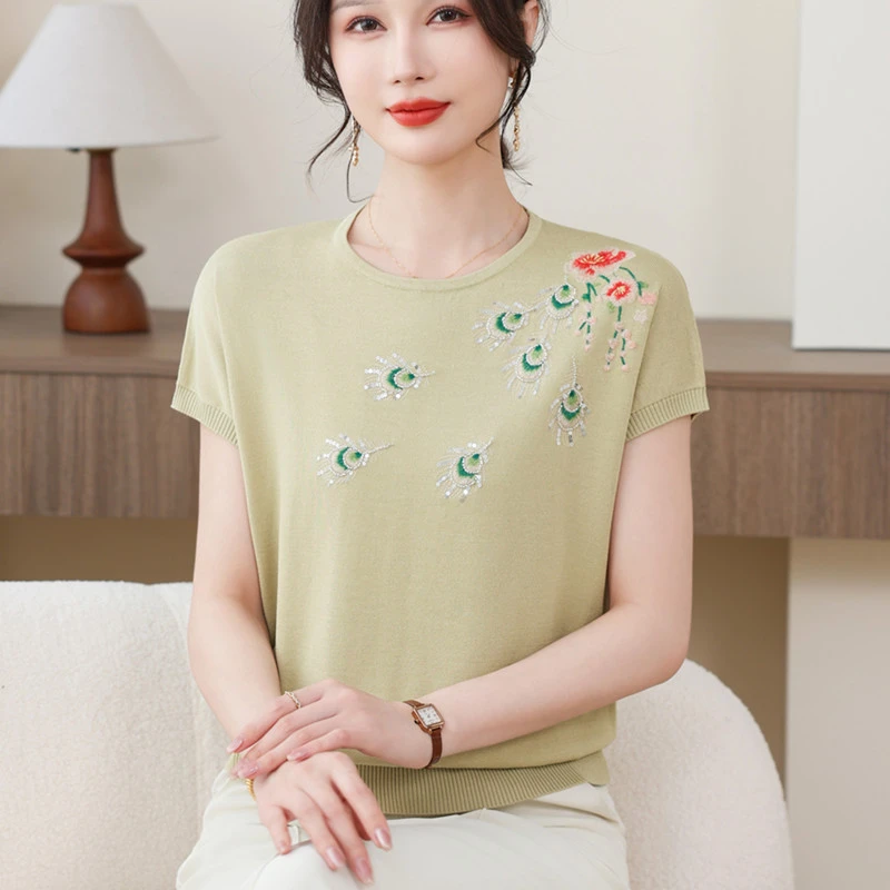 2025新款妈妈装夏季短袖T恤冰丝小衫中老年女装针织洋气上衣