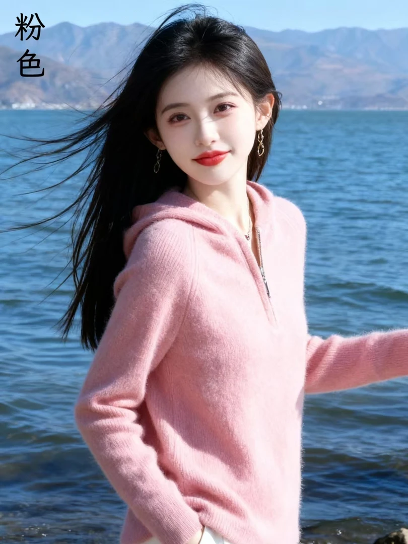 ZM179 双线加厚100%纯羊毛半拉链连帽针织衫套头毛衣休闲百搭