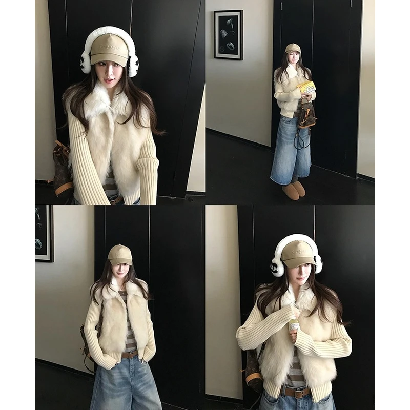 8279冬季环保托卡毛毛外套拼接针织袖加厚毛绒时尚百搭保暖外套