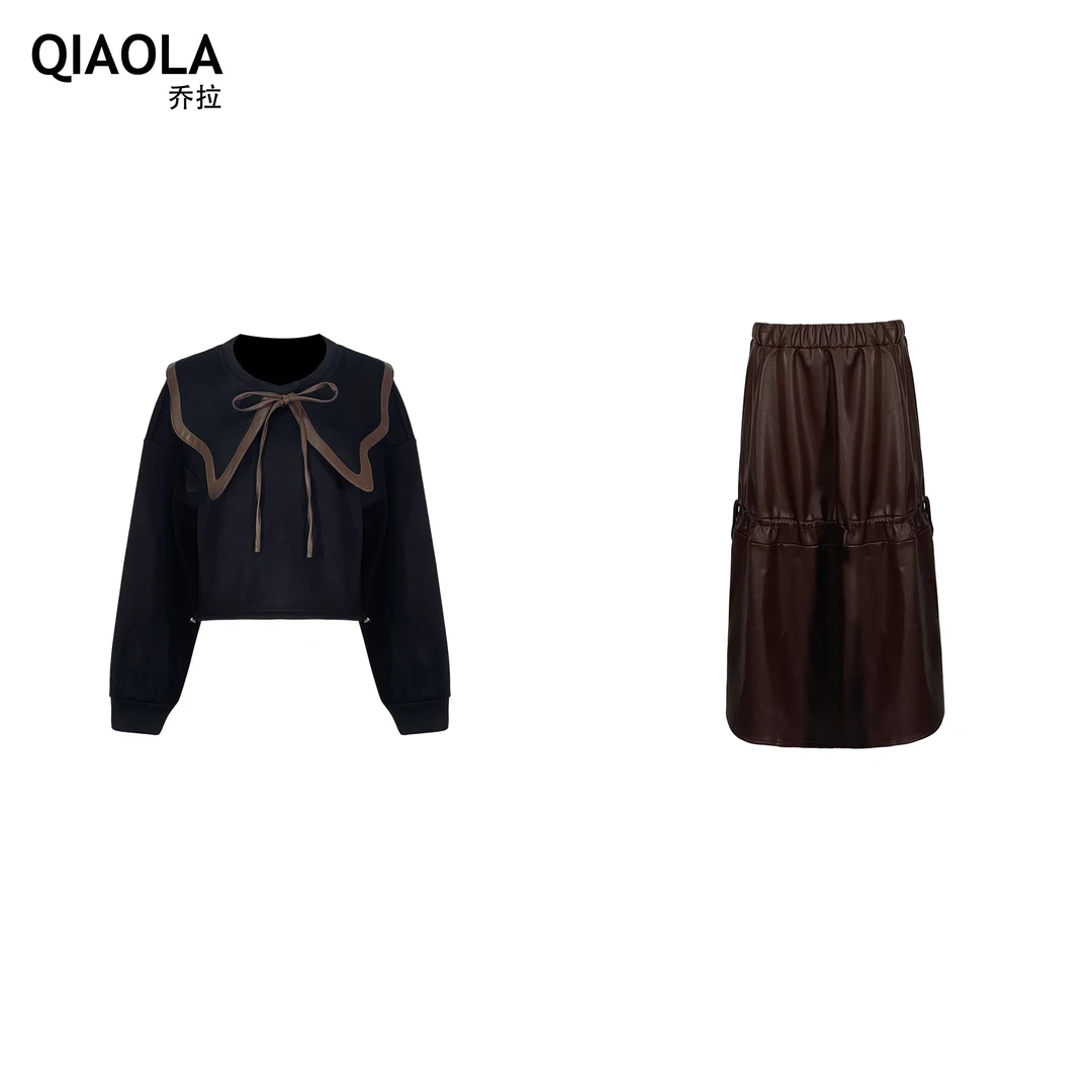 QIAOLA/乔拉【松露巧克力】秋冬款蜂窝状加绒绑带大翻领时尚套装