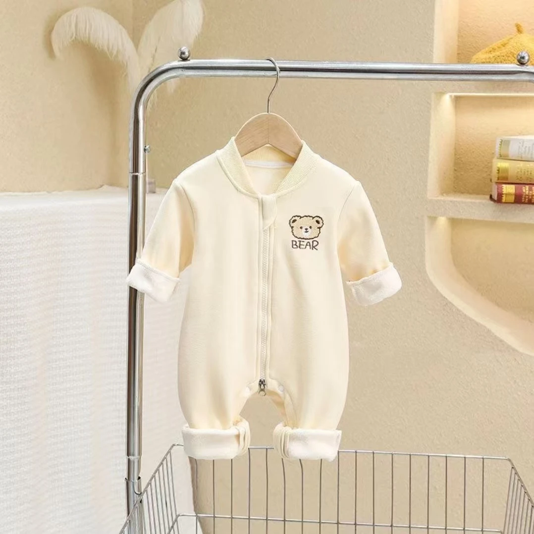 bear熊加绒加厚保暖连体衣宝宝婴儿外出爬服闭裆男宝女宝连身衣