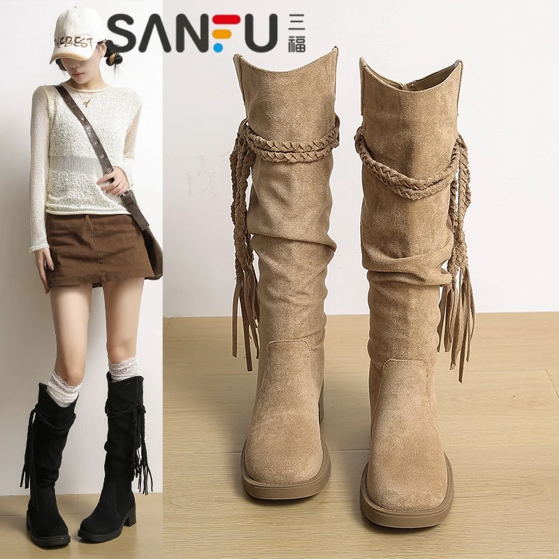 三福废土风流苏长筒靴女2025秋冬新款显瘦堆堆靴粗跟不过膝骑士靴