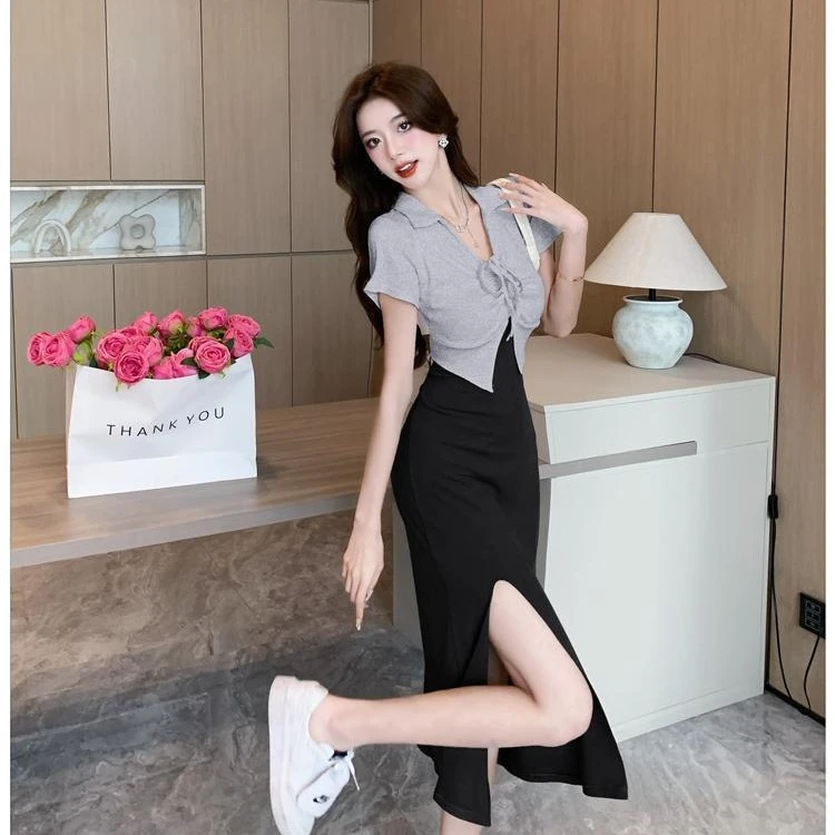 你的战袍~御姐风连衣裙女绑带2025显瘦开叉假两件设计感polo领