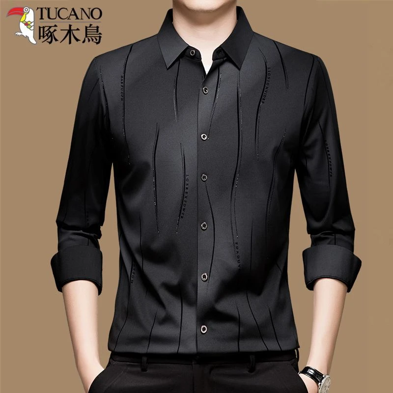 啄木鸟秋季新款高档男冰丝长袖衬衫中年潮流植绒印花商务弹力衬衣