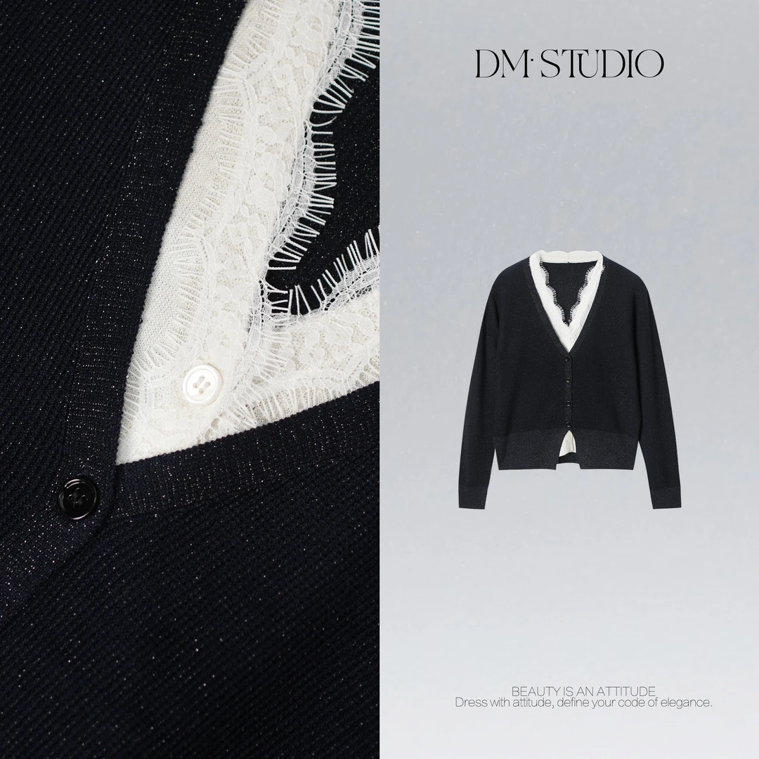 DEDM•STUDIO/温婉精致感蕾丝边V领排扣针织开衫2508ZZS/992578
