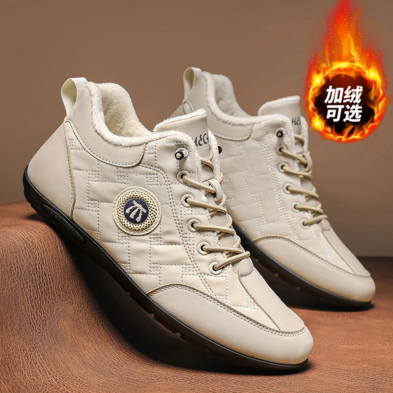 加绒保暖全皮面运动鞋保罗潮鞋2024高帮防臭防滑软底豆豆鞋休闲鞋