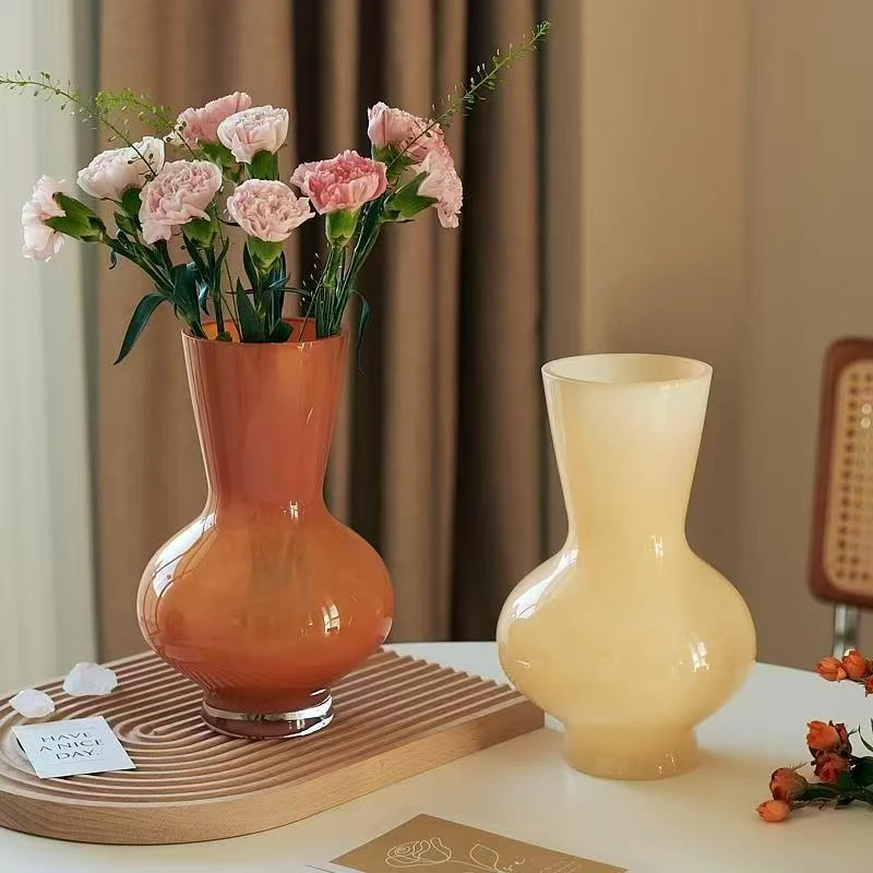 网红中古芬顿风瓷高级感玻璃花瓶奶油色插花百合玫瑰水培桌面摆件