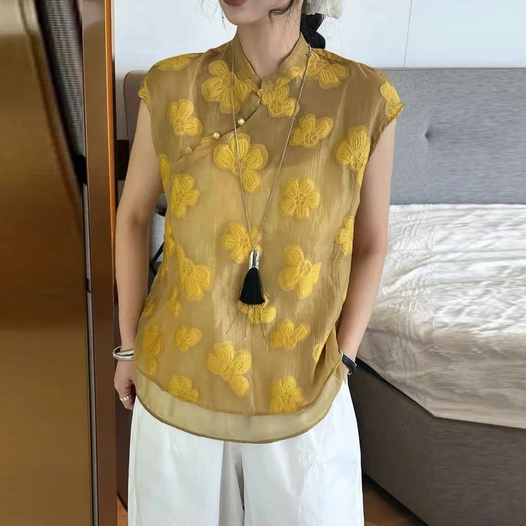 【绮金繁花】新中式国风女欧货刺绣无袖背心双层上衣小衫406