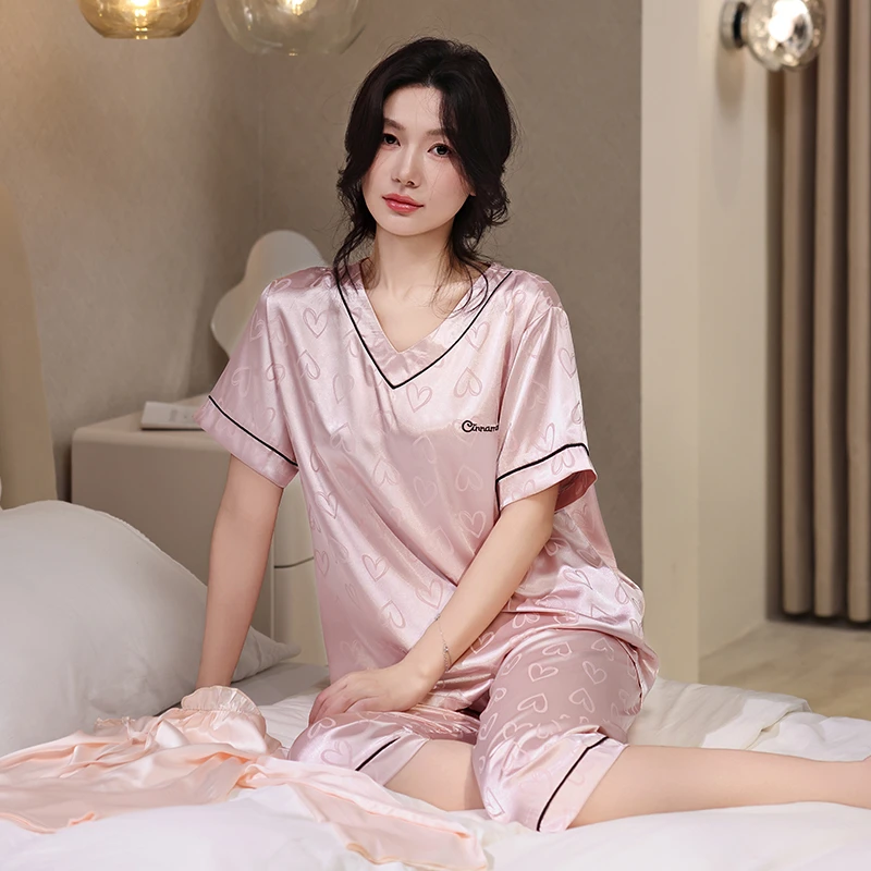 【带胸垫】夏季冰丝睡衣女短袖七分裤两件套装休闲夏天家居服