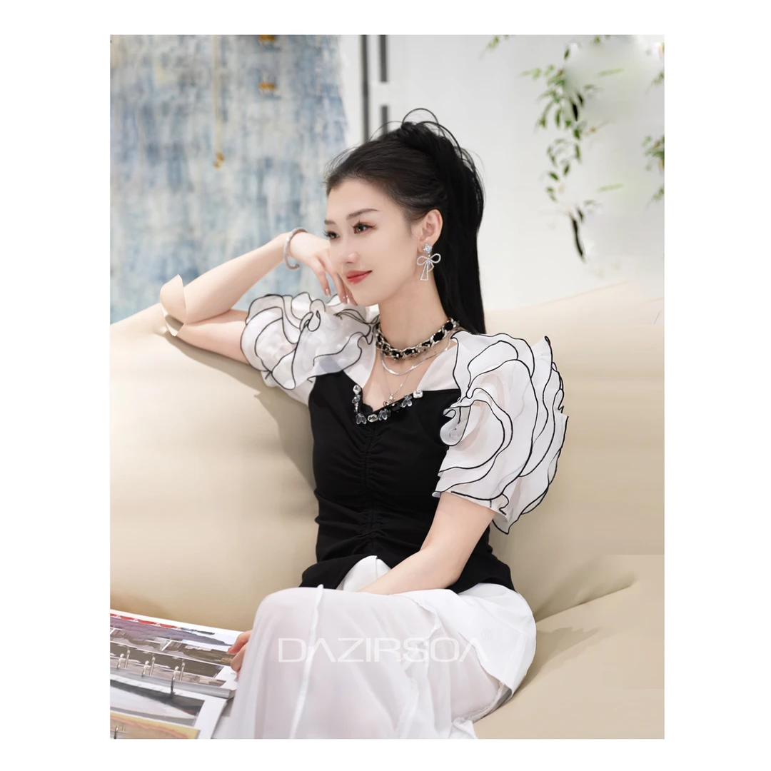 DAZIRSOA/达姿“瑰宝之梦”时尚百搭拼接立体玫瑰花个性上衣 Y501