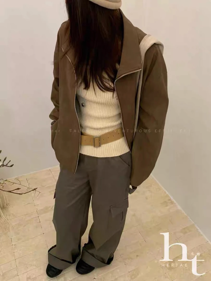 灰灰呀！Y002 韩系复古设计感百搭翻领双拉链皮衣中长款外套