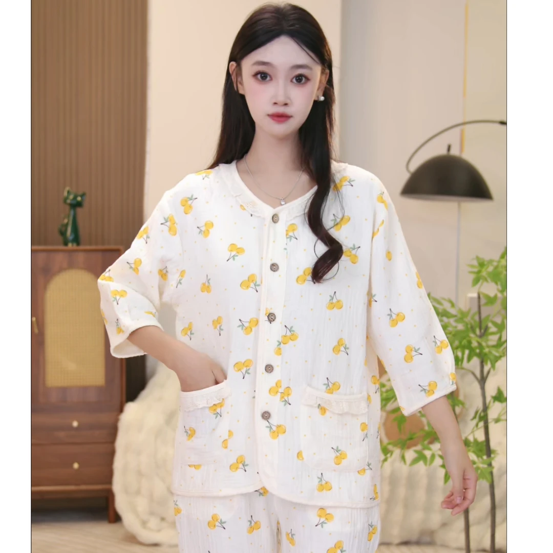 2025款夏季舒适纯棉宽松时尚薄款七分袖大码女士睡衣两件套AFF