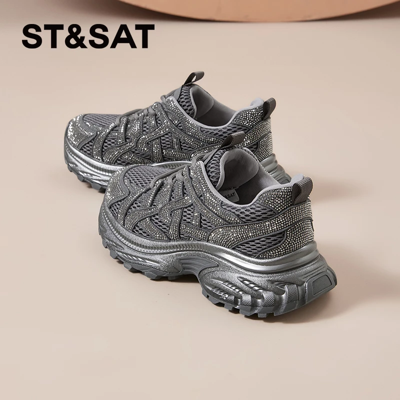 星期六时尚烫钻老爹鞋女2025新款秋季休闲运动鞋厚底透气网面鞋
