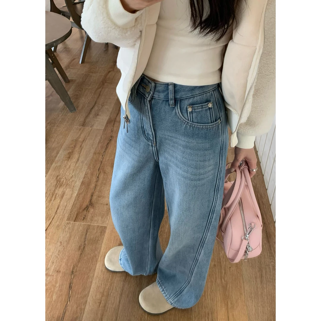 YO定制冬季小个子百搭无弹密密绒阔腿裤休闲简约高腰厚绒牛仔裤